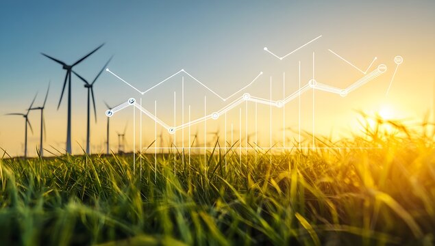 A digital graph with upward-trending lines and green arrows, overlaid showing wind turbines in the background,