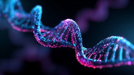 Glowing DNA double helix in futuristic neon blue and purple colors symbolizing biotechnology, genetics, molecular research, genome sequencing, and modern scientific innovation