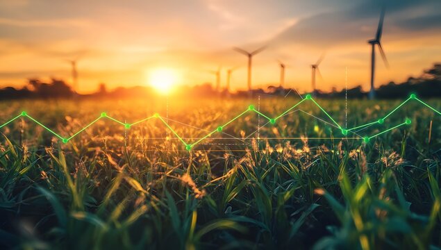 A digital graph with upward-trending lines and green arrows, overlaid showing wind turbines in the background,