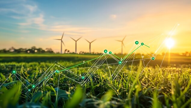 A digital graph with upward-trending lines and green arrows, overlaid showing wind turbines in the background, - Powered by Adobe