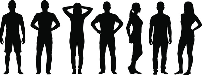 Silhouettes of Men and Women Standing in Various Poses, Human Body Posture Collection, Black Figures Set, Flat Vector Illustration