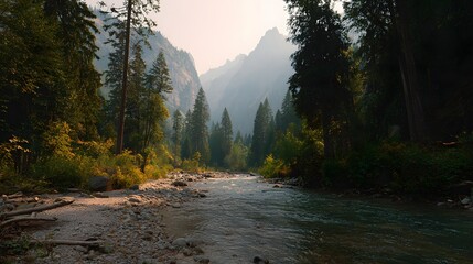 A serene mountain river meanders through a lush forest, surrounded by misty mountains.