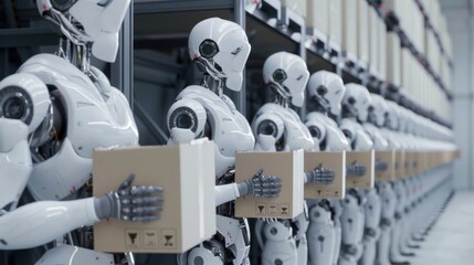 A Row of White Robots Holding Cardboard Boxes in a Warehouse