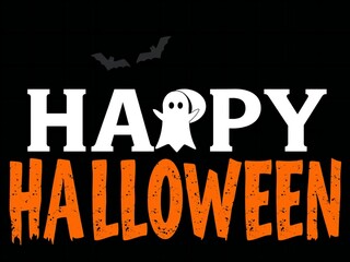 Happy halloween text with ghost and bats on black background