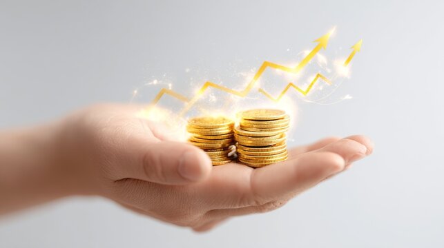 Human hand holding stack of golden coins with futuristic glowing graph symbolizing cryptocurrency, digital finance, fintech technology, investment economy, and global financial growth - Powered by Adobe