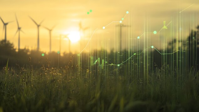 A digital graph with upward-trending lines and green arrows, overlaid showing wind turbines in the background,