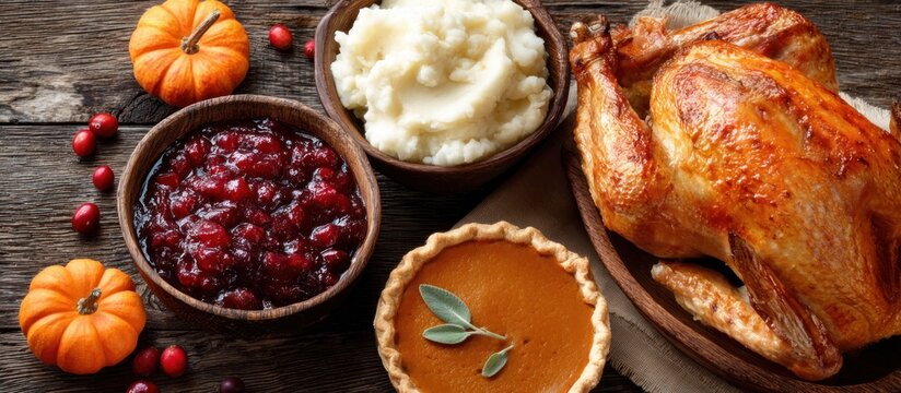 A roasted turkey centerpiece surrounded by bowls of mashed potatoes, cranberry sauce, and a pumpkin pie on a rustic wooden table, garnished with mini pumpkins and cranberries