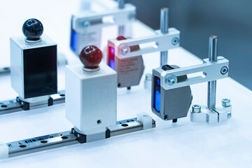 transducer on industrial machine robot in assembly line working in factory. Smart factory industry 4.0 concept.