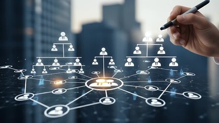 Digital organizational chart with glowing connections and icons