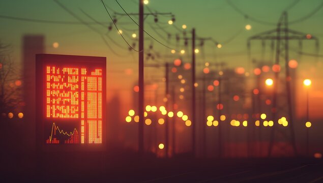 A digital display showing the power grid's data, with an energy chart and electric pylons in silhouette against city lights at dusk. - Powered by Adobe