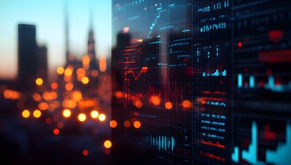 A digital display showing the power grid's data, with an energy chart and electric pylons in silhouette against city lights at dusk.