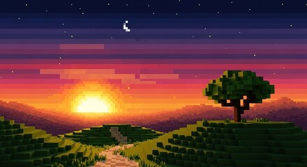 Pixelated Sunset Landscape with Tree and Path Under Starry Sky
