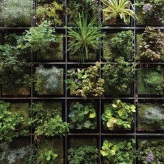 Fototapeta premium Vibrant wall garden showcasing a variety of flourishing plants.