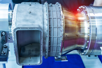 Model of turbine engine with longitudinal section for studying arrangement of blades and combustion...