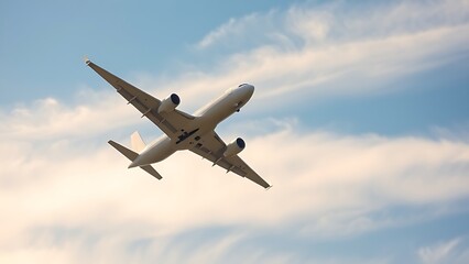 Fototapeta premium Airplane climbing into a clear blue sky, leaving white contrails against a backdrop of soft clouds.