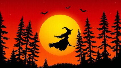Fototapeta premium Witch flying on broomstick in front of a large full moon at night