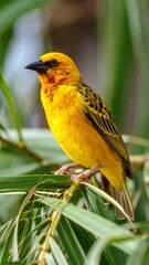 Close-up of a vibrant yellow bird perched on palm fronds