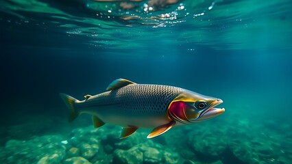 Underwater view of a trout gliding through a clear stream, immersed in tranquil blue-green hues.