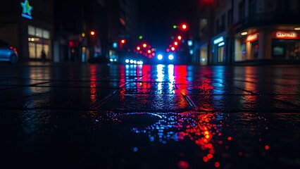 Naklejka premium Blue and red reflections on wet pavement at night, evoking a dramatic and cinematic urban mood.
