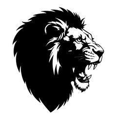lion head silhouette roaring isolated on white background, wild animal symbol for strength, power, royalty, and predator design