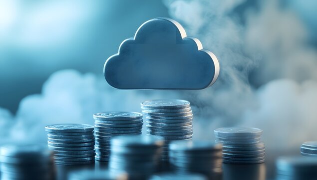 A cloud icon floating above stacks of coins, symbolizing the money flow from cloud computing services.