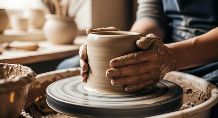 Potter's hands shaping clay on a spinning wheel, creating a cyli