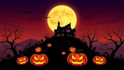 Spooky halloween night with glowing jack o lanterns and haunted castle under a full moon