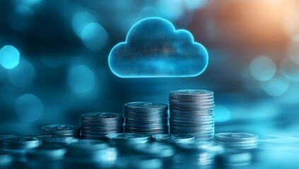 A cloud icon floating above stacks of coins, symbolizing the money flow from cloud computing services.
