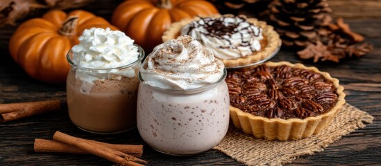 Two autumnal drinks topped with whipped cream sit beside mini pumpkin and pecan pies, flanked by pumpkins and cinnamon sticks on a rustic wooden surface