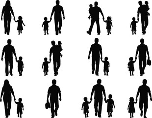 Silhouettes of Parents Walking with Children, Family Bonding, Parenthood Concept, Father and Mother Holding Kids, Vector Illustration