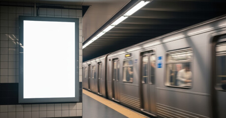 Blank advertising mockup on subway station platform with train arriving, modern city transportation, commercial use for marketing campaigns