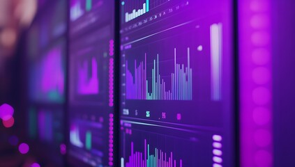 A close-up of multiple digital screens displaying graphs and data, with glowing purple accents in the background. The focus is on an AI-based stock 