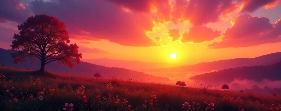 Golden hour sunrise paints the sky vibrant hues of orange, pink, and purple, casting a warm glow on the landscape Perfect for radio station branding or peaceful morning themes , frequency, summer