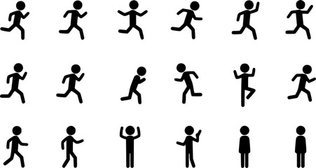 Stickman icons. Stick figures black silhouettes showing various poses and gestures, running, meditating and jumping. Ideal for infographics, design and app interfaces. Minimalist vector illustration