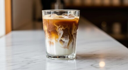 Iced Coffee Drink with Milk and Swirling Caramel in Clear Glass on Marble Surface