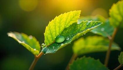 Fototapeta premium Stunning macro shot captures vibrant green leaf dew drops glistening under warm golden sunlight