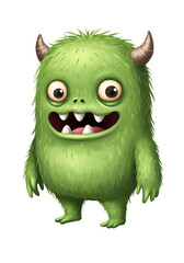 Fototapeta premium Funny Cute Green Monster with Horns and Big Eyes, Whimsical Character Illustration on White Background png alpha channel isolated on transparent background