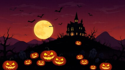 Spooky halloween night with haunted house and glowing jack o lanterns