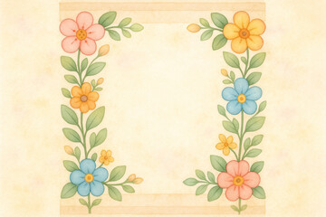 Cute Cartoon Watercolor Floral Garland Symmetrical Square Pastel Flowers and Leaves Elegant Detailed Illustration