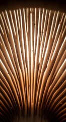 Illuminated mushroom gills radiating with a warm glow create an intricate pattern of nature's design