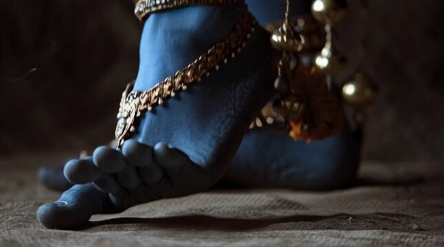 A close up of blue feet adorned with golden anklets and floral decorations on a textured surface