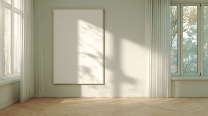 Fototapeta premium A sunlit, minimalist interior, displaying a blank canvas framed in a light wood border, bathed in soft, natural light.
