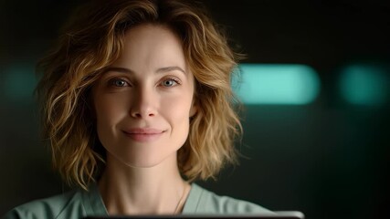 Confident Woman Smiling Close-up Shows Professionalism and Intellectual Beauty