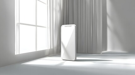 A minimalist scene featuring a blank screen smartphone, bathed in soft sunlight, against a backdrop of sheer white curtains and a large window.