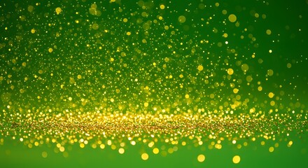 Gold bokeh lights on green background create a festive magical atmosphere