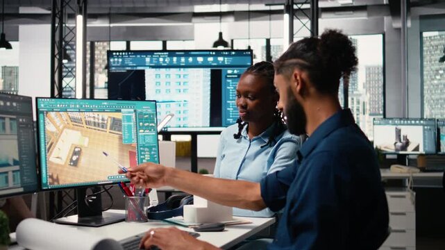 Engineers team using software for measurement and layout planning, using interior design tools for walls structure and floor plan for a new construction in the real estate industry. Camera A.