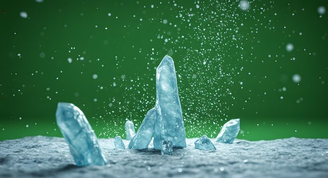 Jagged blue crystals rising from a rough surface against a green backdrop with dispersed white particles