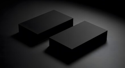 Sleek and elegant mockup of two stacks of blank black business cards casting a shadow on a dark background, a perfect template for showcasing modern corporate branding identity designs