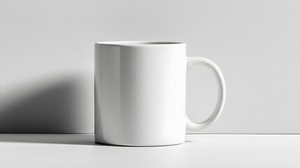 Obraz premium A glossy white mug sits on a plain white surface against a neutral backdrop, highlighting its smooth, simple design.