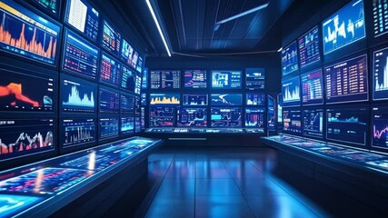Surreal, Futuristic Data Center with Dynamic, Informative Display Screens - Powered by Adobe